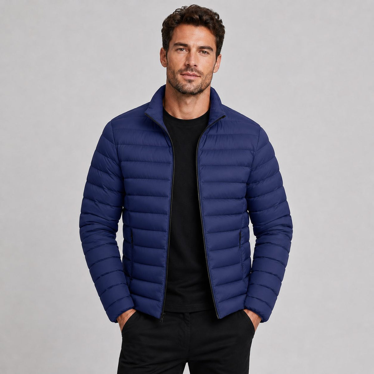 Mens puffer jacket stand collar, quilted lightweight design