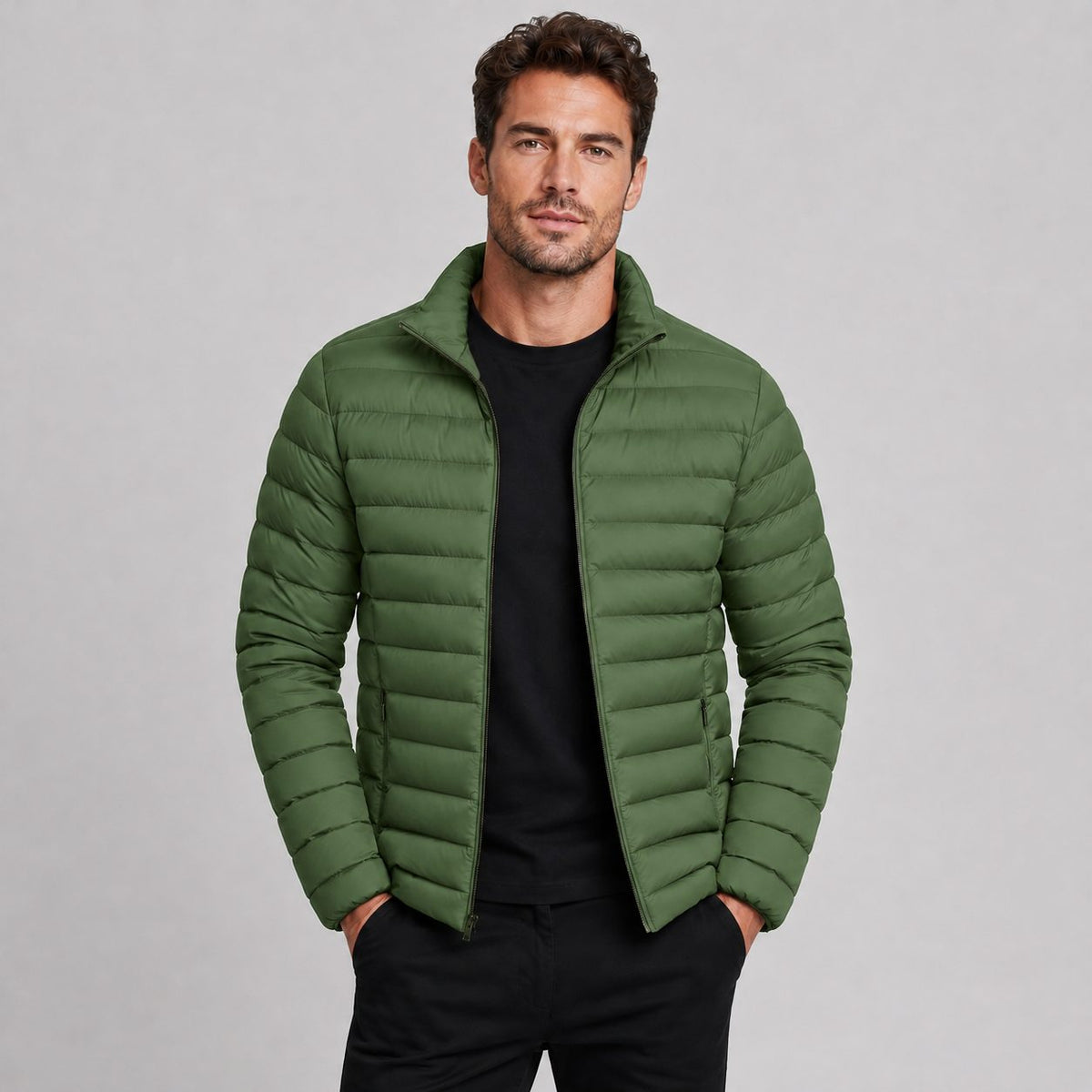 Mens puffer jacket stand collar, quilted lightweight design