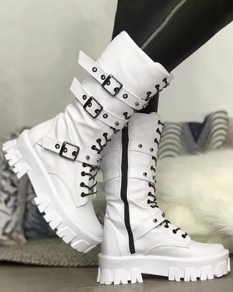 Women platform boots with buckle detail and side zip