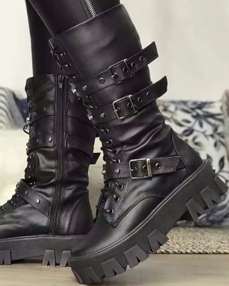 Women platform boots with buckle detail and side zip