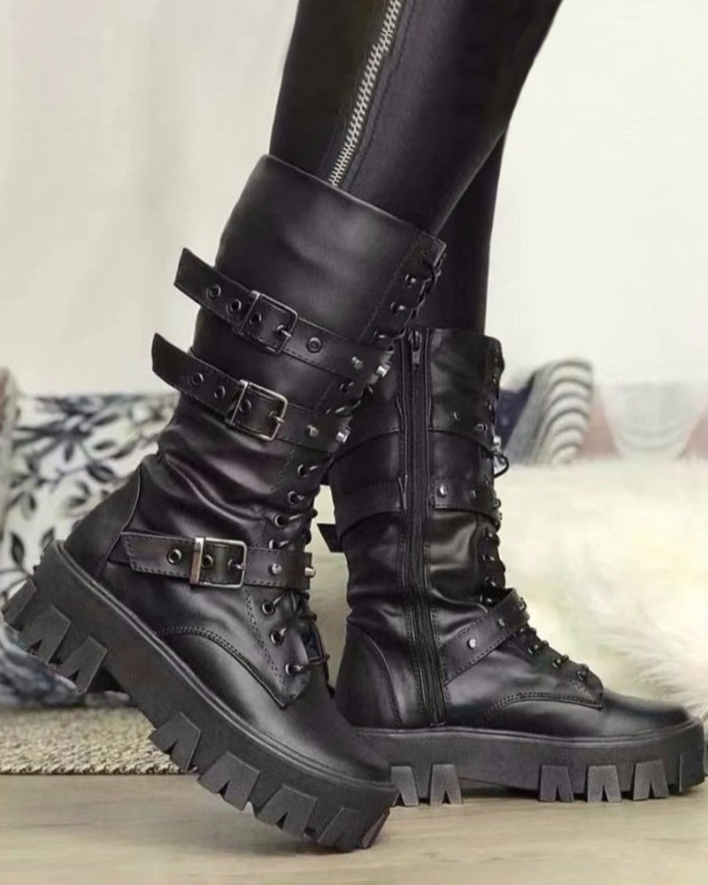 Women platform boots with buckle detail and side zip