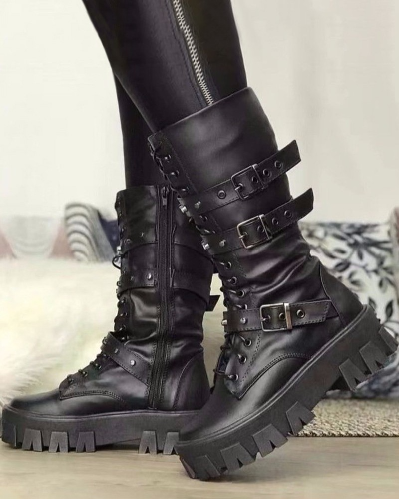 Women platform boots with buckle detail and side zip