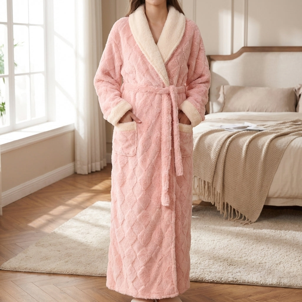 Women flannel dressing gown long quilted with shawl collar and tie waist