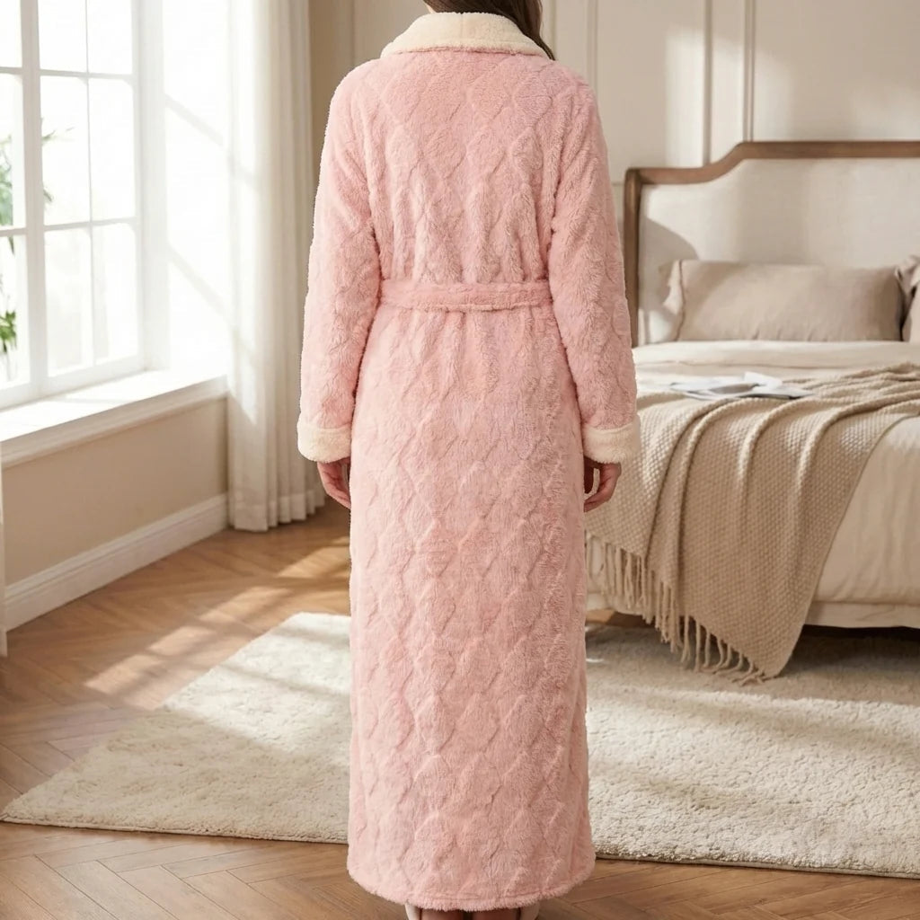 Women flannel dressing gown long quilted with shawl collar and tie waist