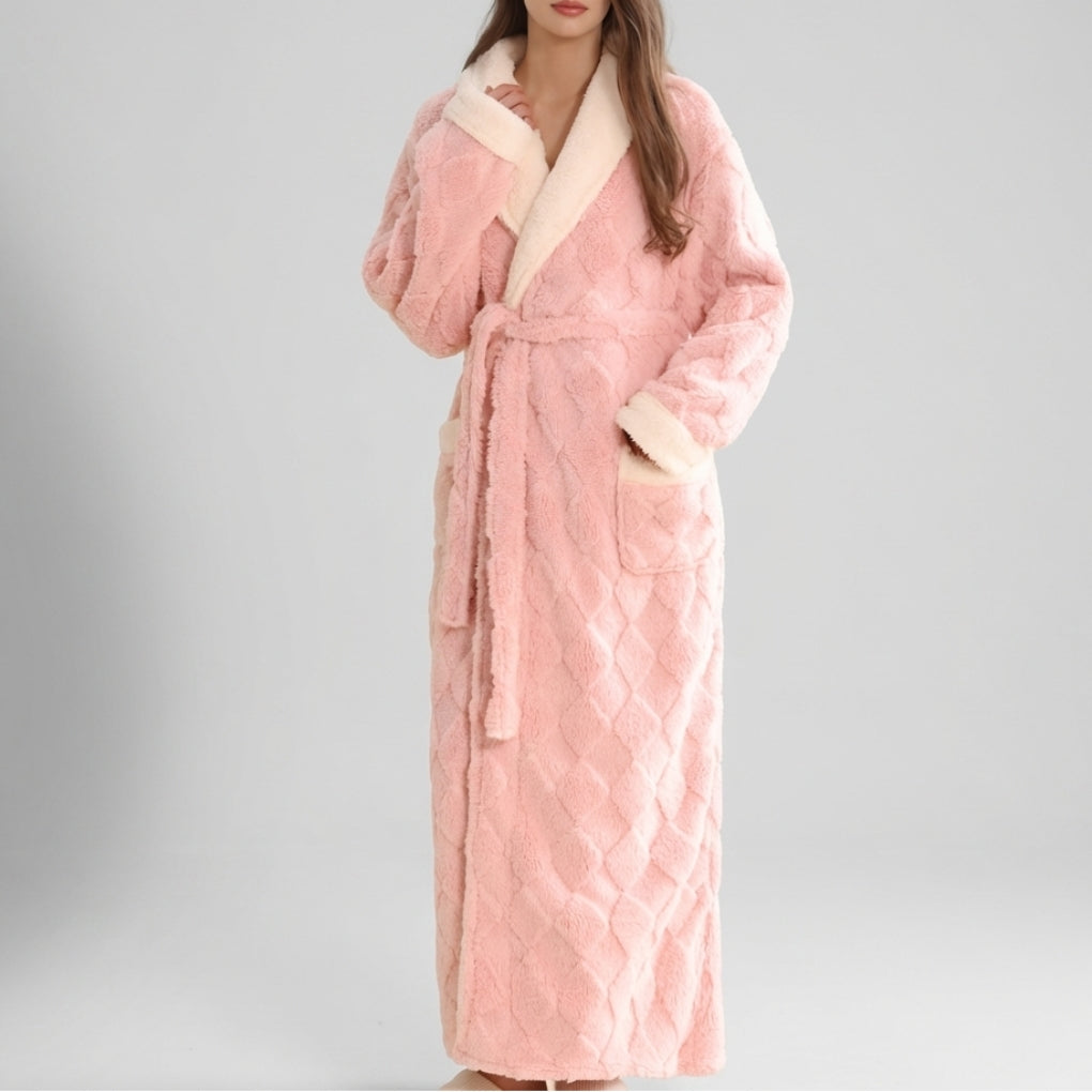 Women flannel dressing gown long quilted with shawl collar and tie waist