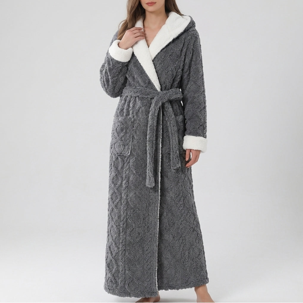 Women flannel dressing gown long quilted with shawl collar and tie waist