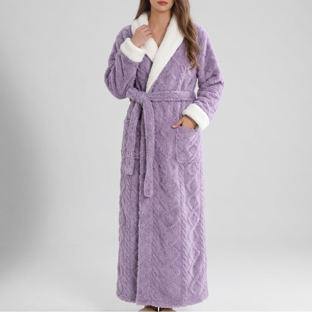 Women flannel dressing gown long quilted with shawl collar and tie waist