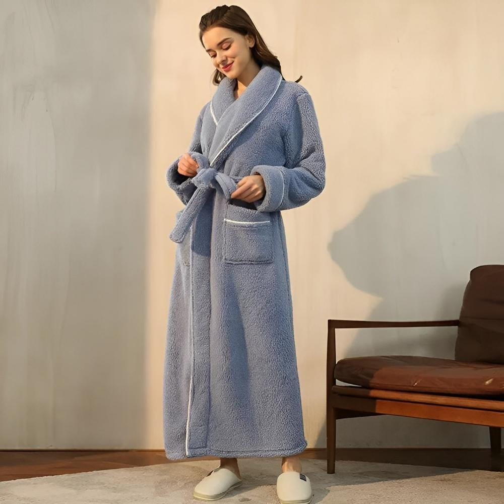 Women long fleece robe with shawl collar tie waist and patch pockets