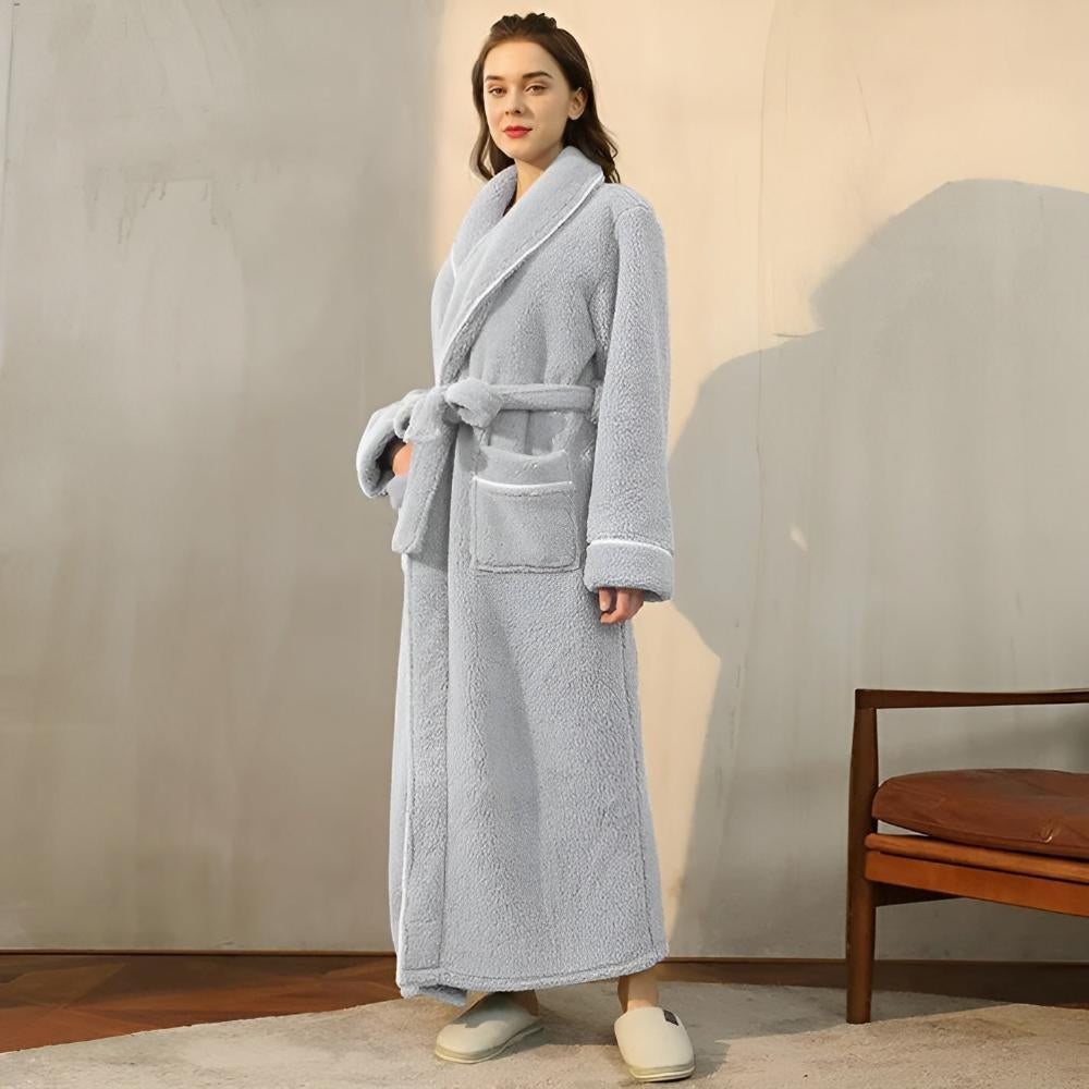 Women long fleece robe with shawl collar tie waist and patch pockets