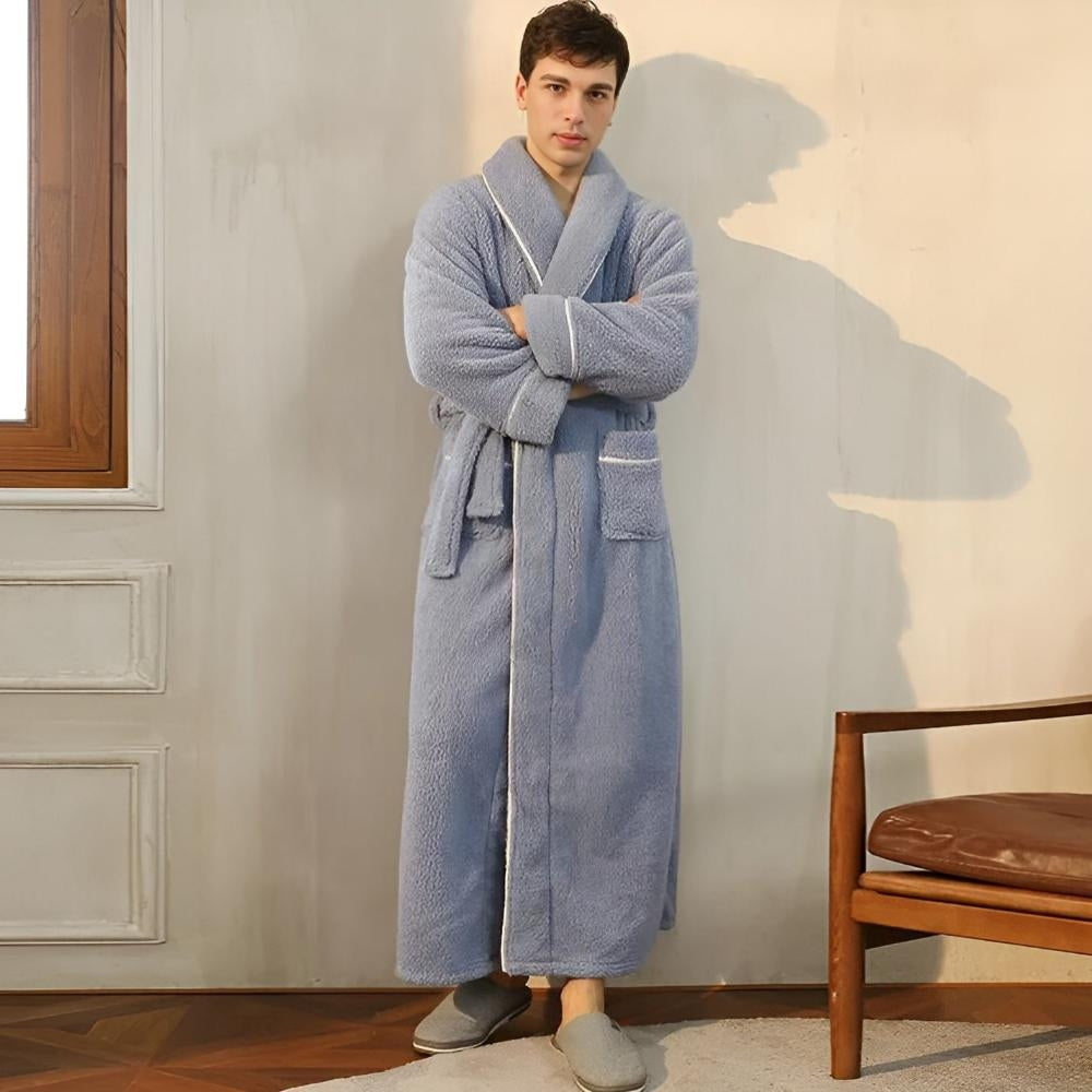 Women long fleece robe with shawl collar tie waist and patch pockets