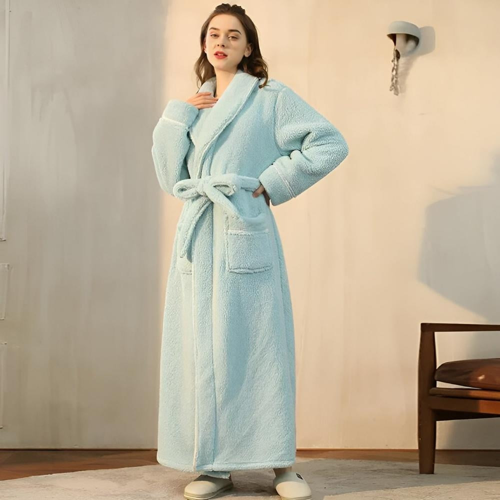 Women long fleece robe with shawl collar tie waist and patch pockets