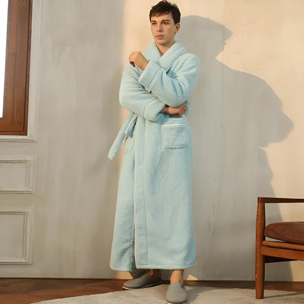 Women long fleece robe with shawl collar tie waist and patch pockets