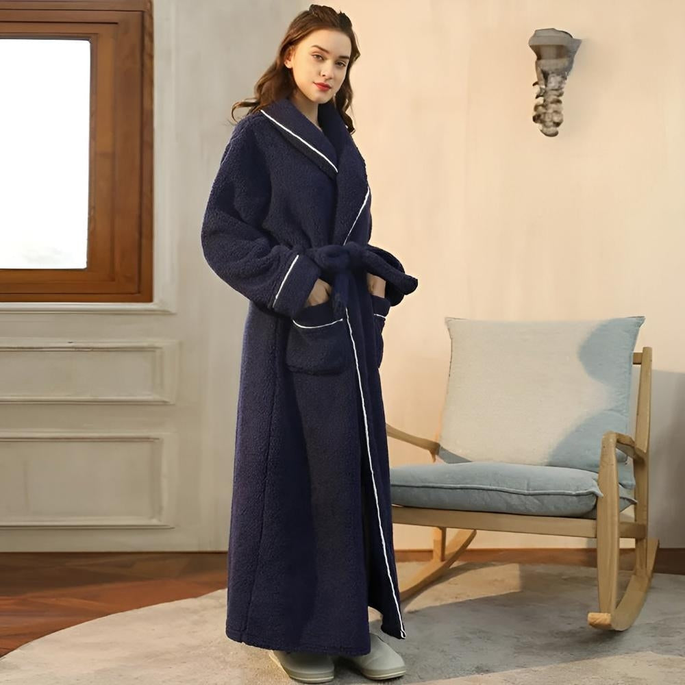 Women long fleece robe with shawl collar tie waist and patch pockets