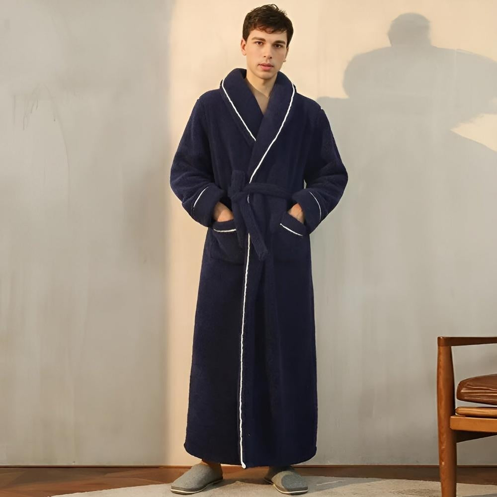 Women long fleece robe with shawl collar tie waist and patch pockets