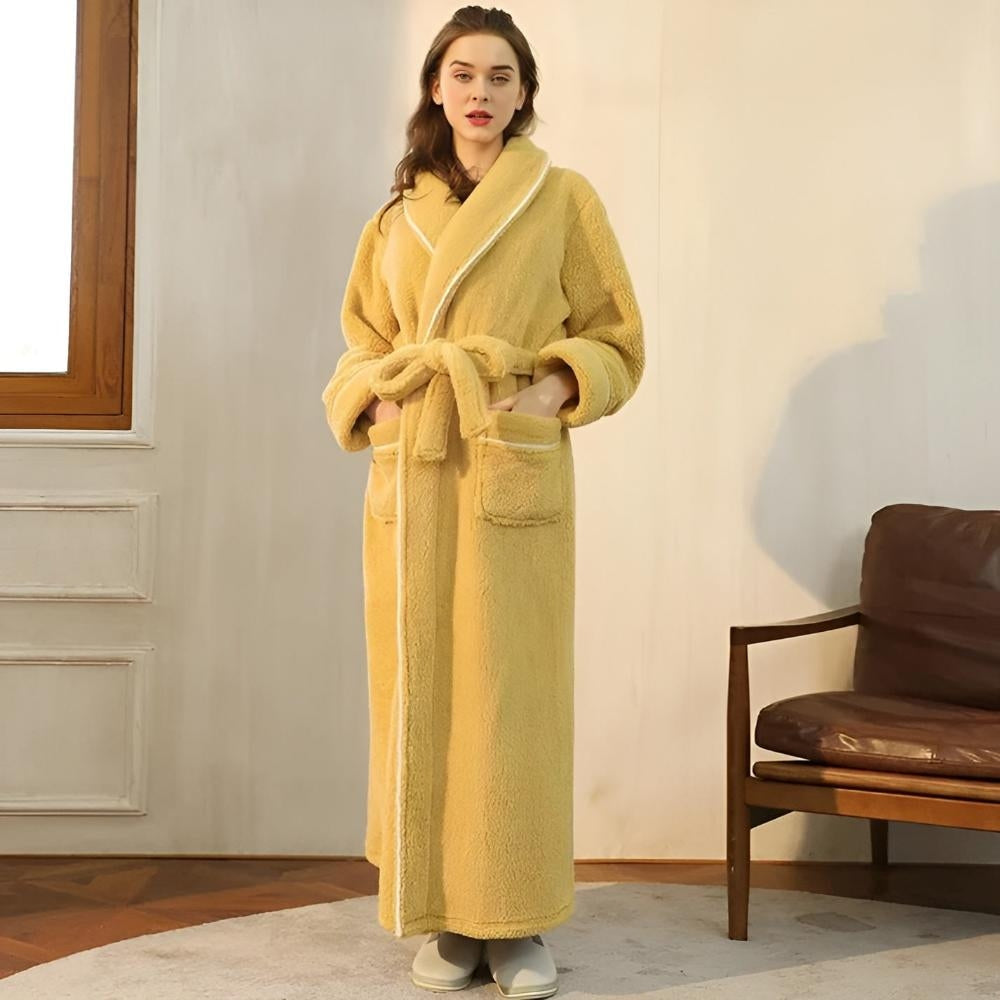 Women long fleece robe with shawl collar tie waist and patch pockets