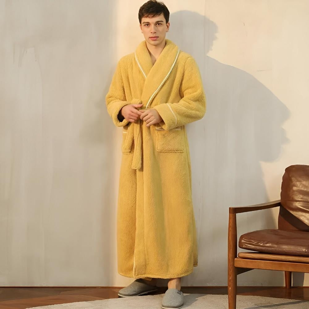 Women long fleece robe with shawl collar tie waist and patch pockets