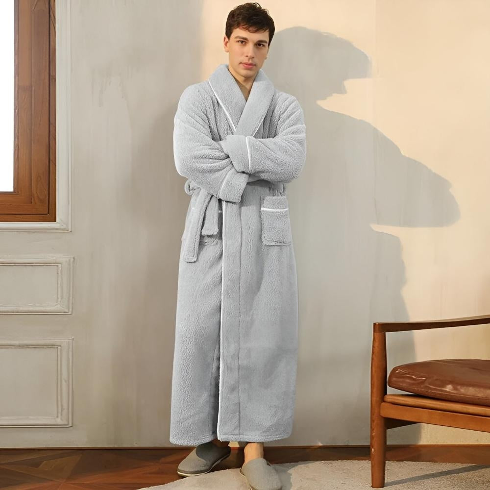 Women long fleece robe with shawl collar tie waist and patch pockets