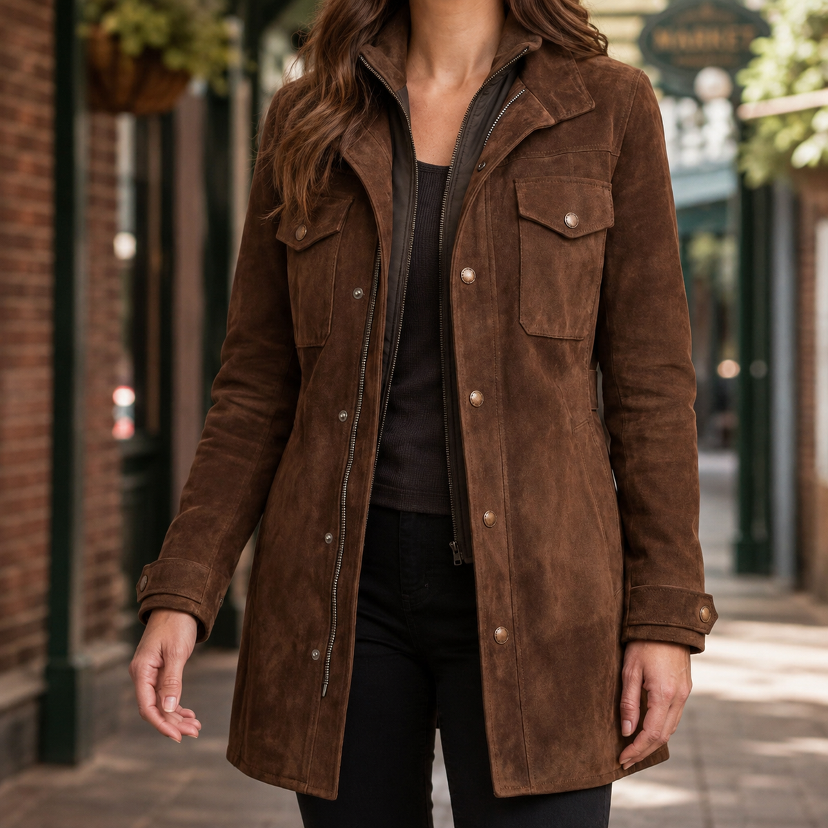 Women long faux suede jacket with lapel collar and chest pockets
