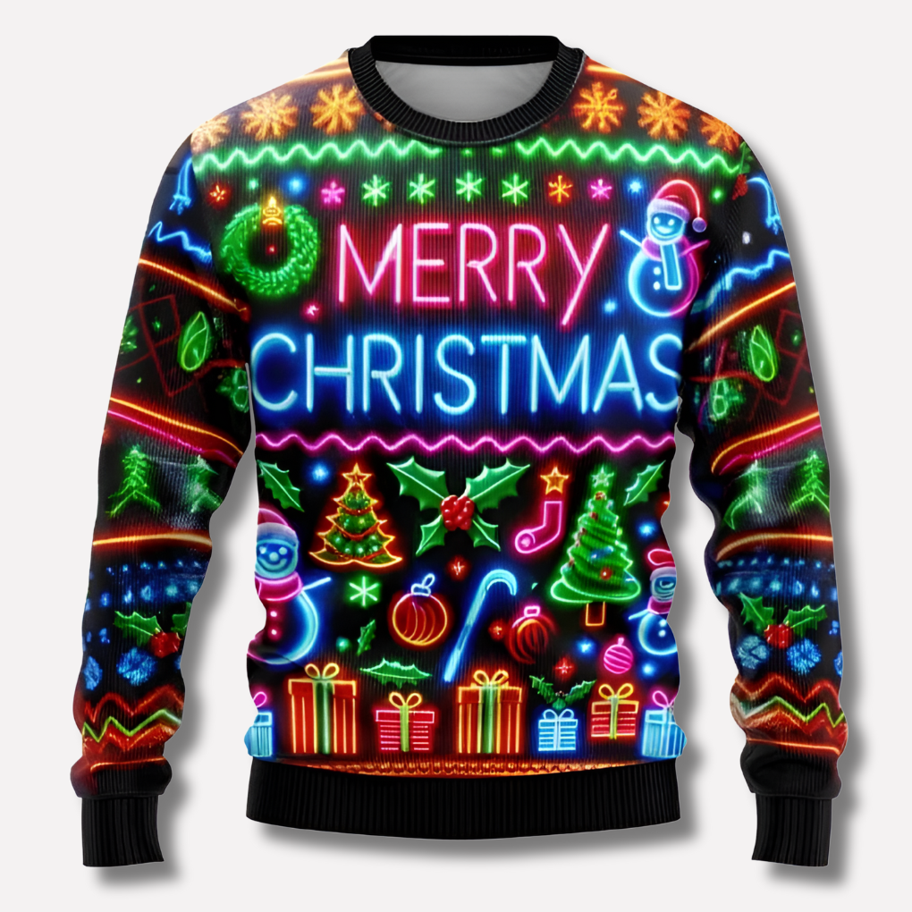 Christmas Jumper | Unisex Festive Knit Sweater, Neon Reindeer and Snowflake