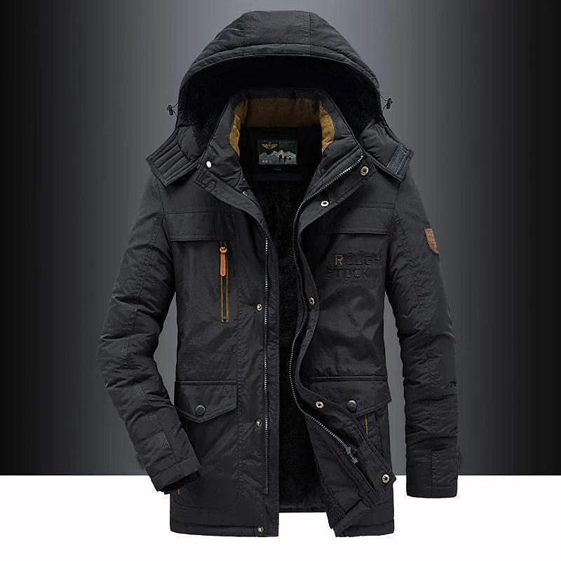 Men midlength hooded parka jacket with zip closure and exterior pockets