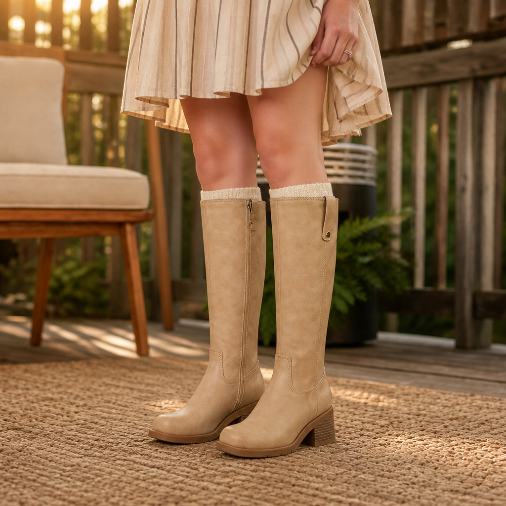 Women knee high pull on block heel boots wide opening shaft