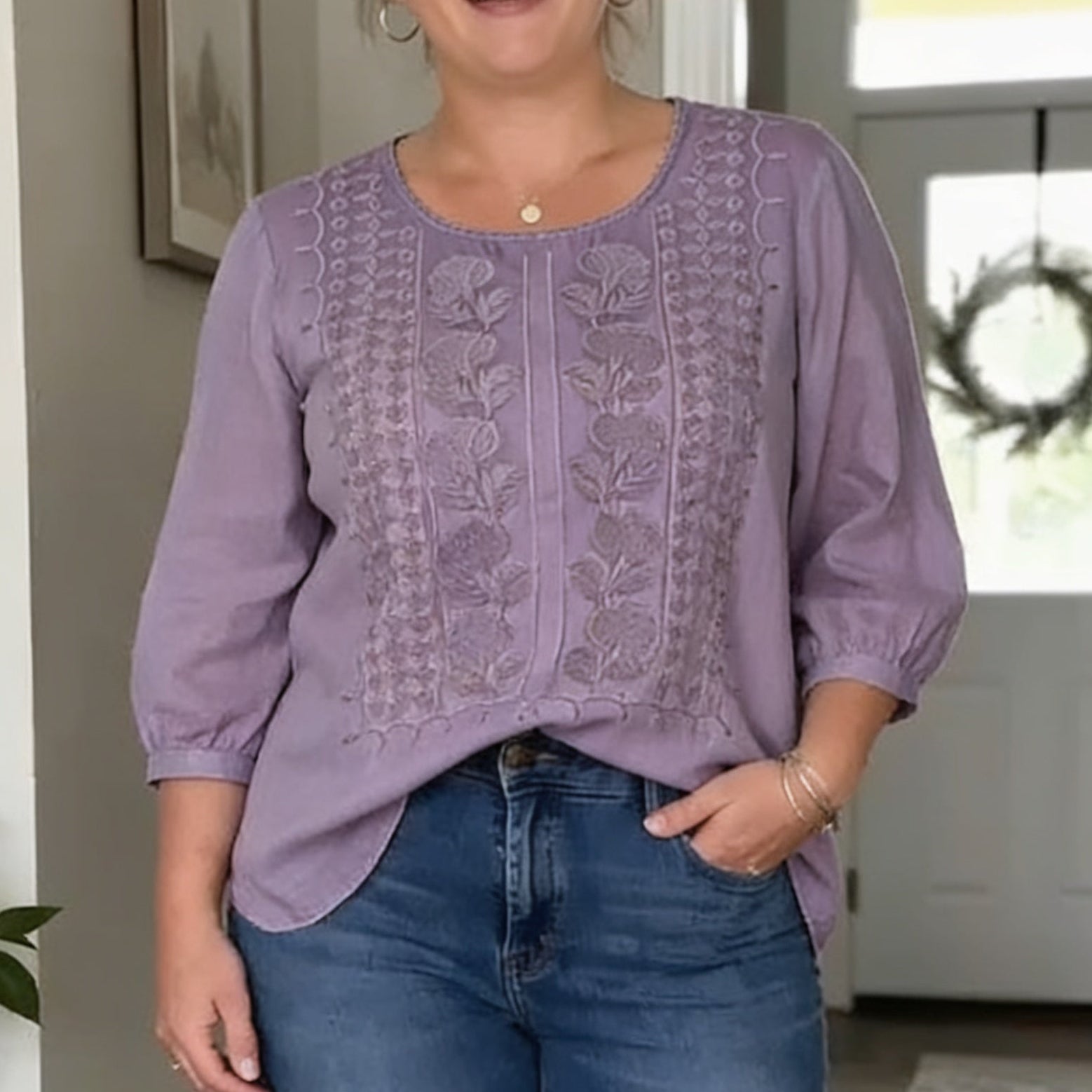 Women's Short Sleeve Shirt | Airy Viscose, Embroidered Detail | Summer