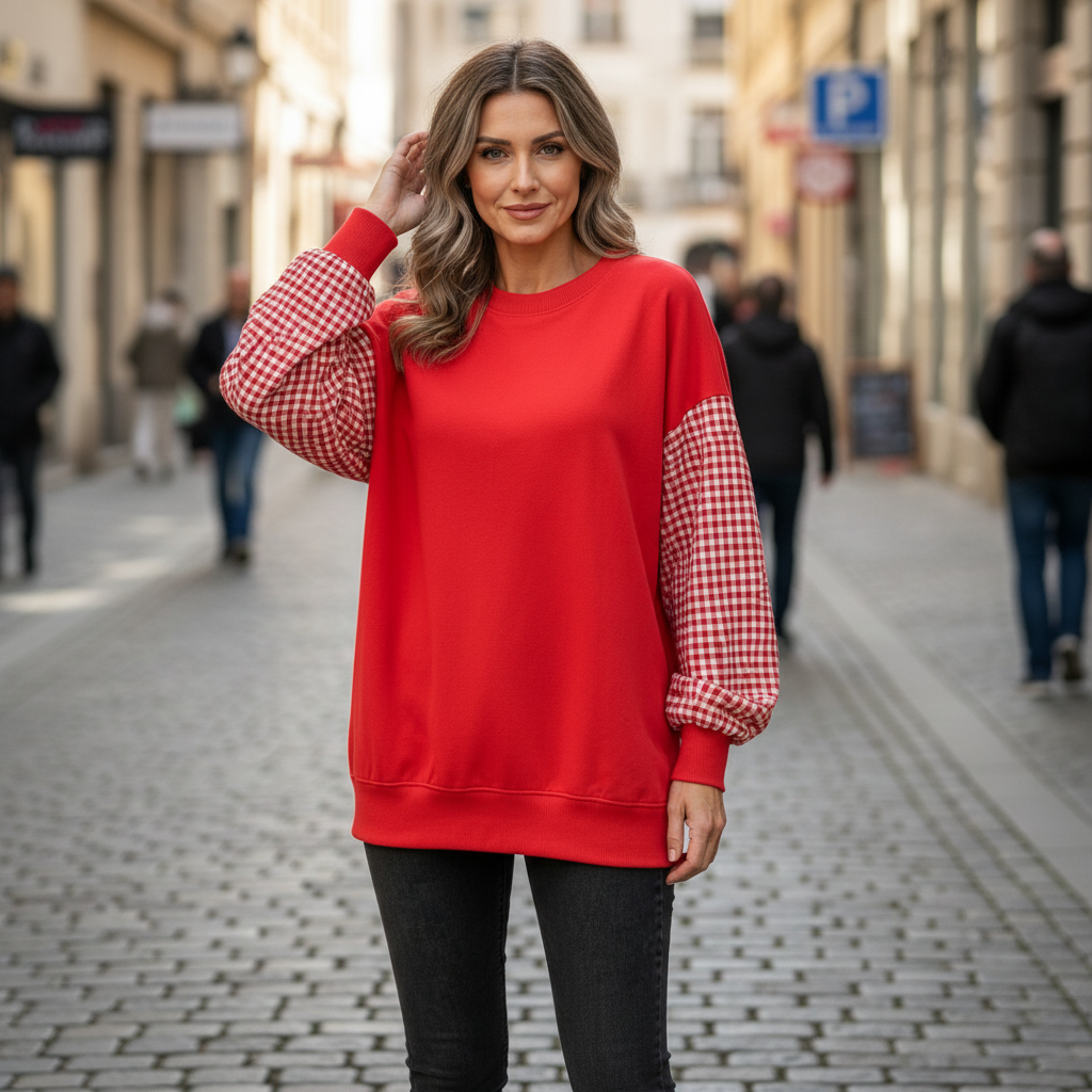 Women patchwork plaid crew neck top relaxed fit in navy blue