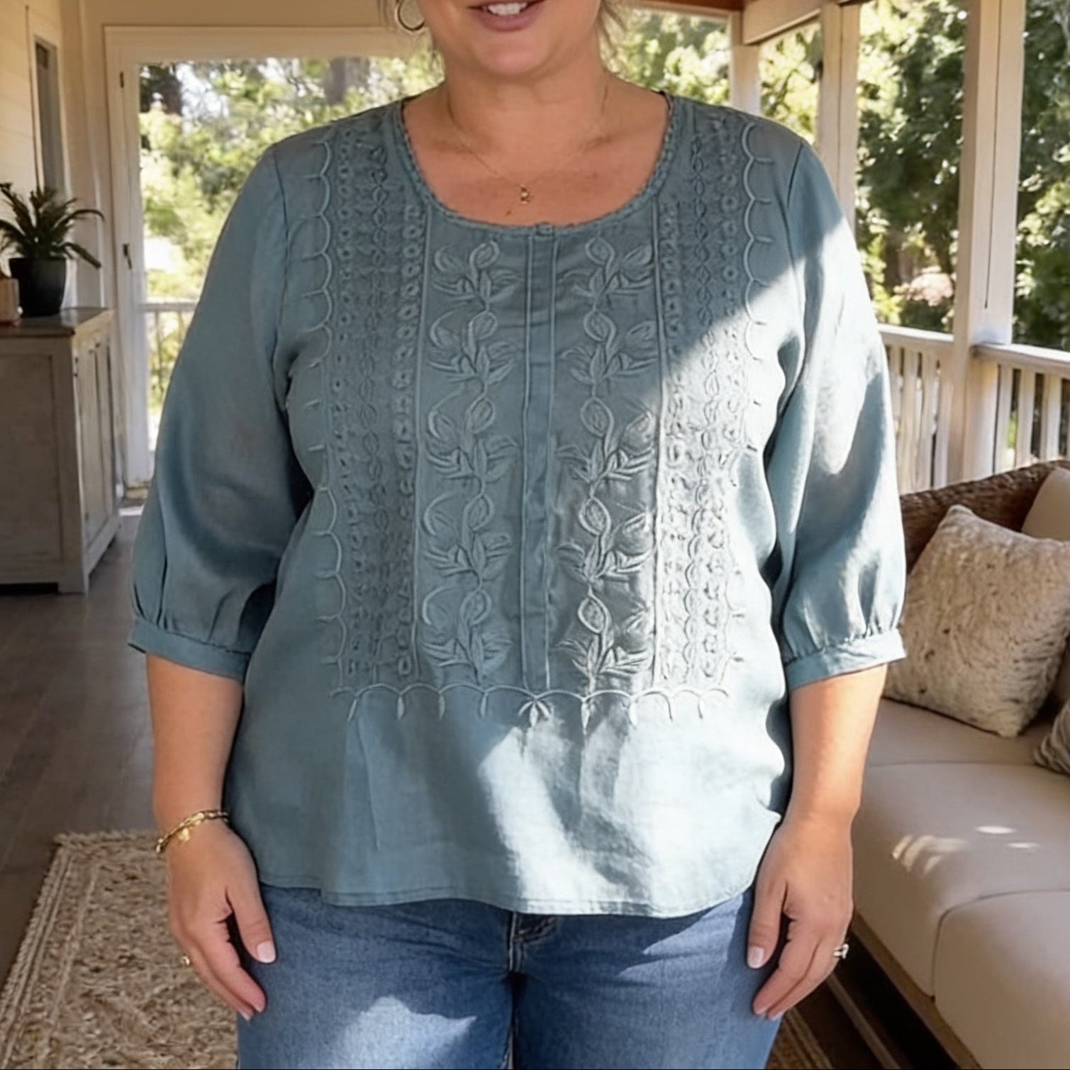 Women's Short Sleeve Shirt | Airy Viscose, Embroidered Detail | Summer