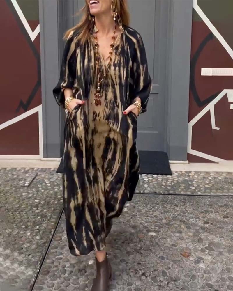 Cotton Maxi Dress with Pockets | Vintage Print, V-Neck | Khaki