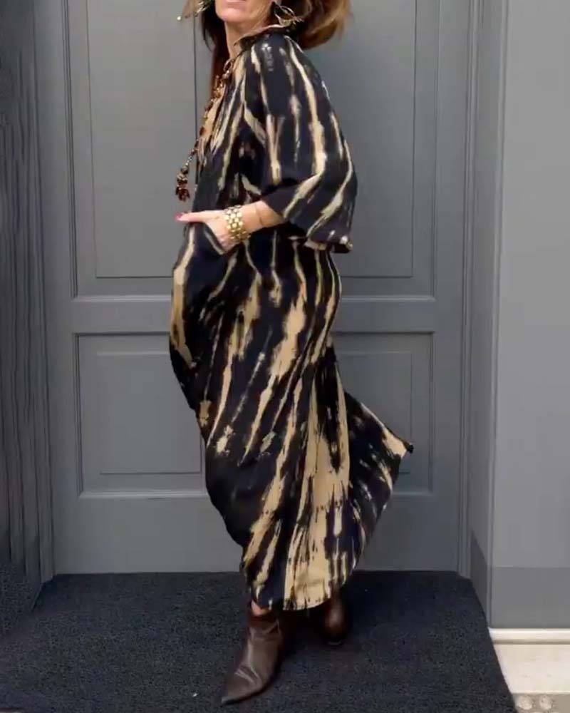 Cotton Maxi Dress with Pockets | Vintage Print, V-Neck | Khaki