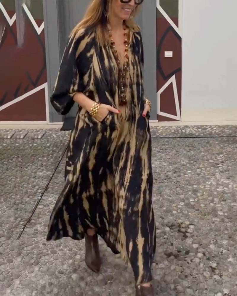 Cotton Maxi Dress with Pockets | Vintage Print, V-Neck | Khaki