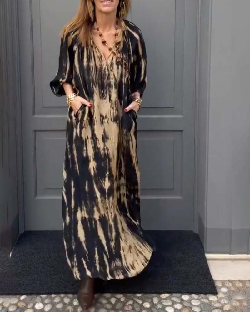 Cotton Maxi Dress with Pockets | Vintage Print, V-Neck | Khaki