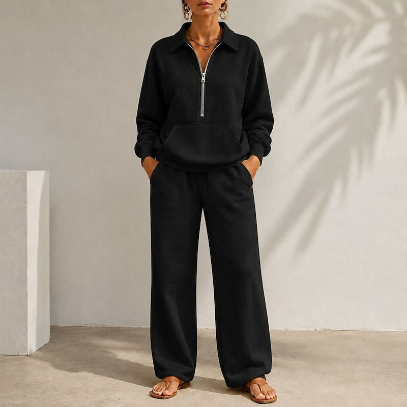 Womens 2 piece collared zip sweatshirt set with relaxed fit trousers