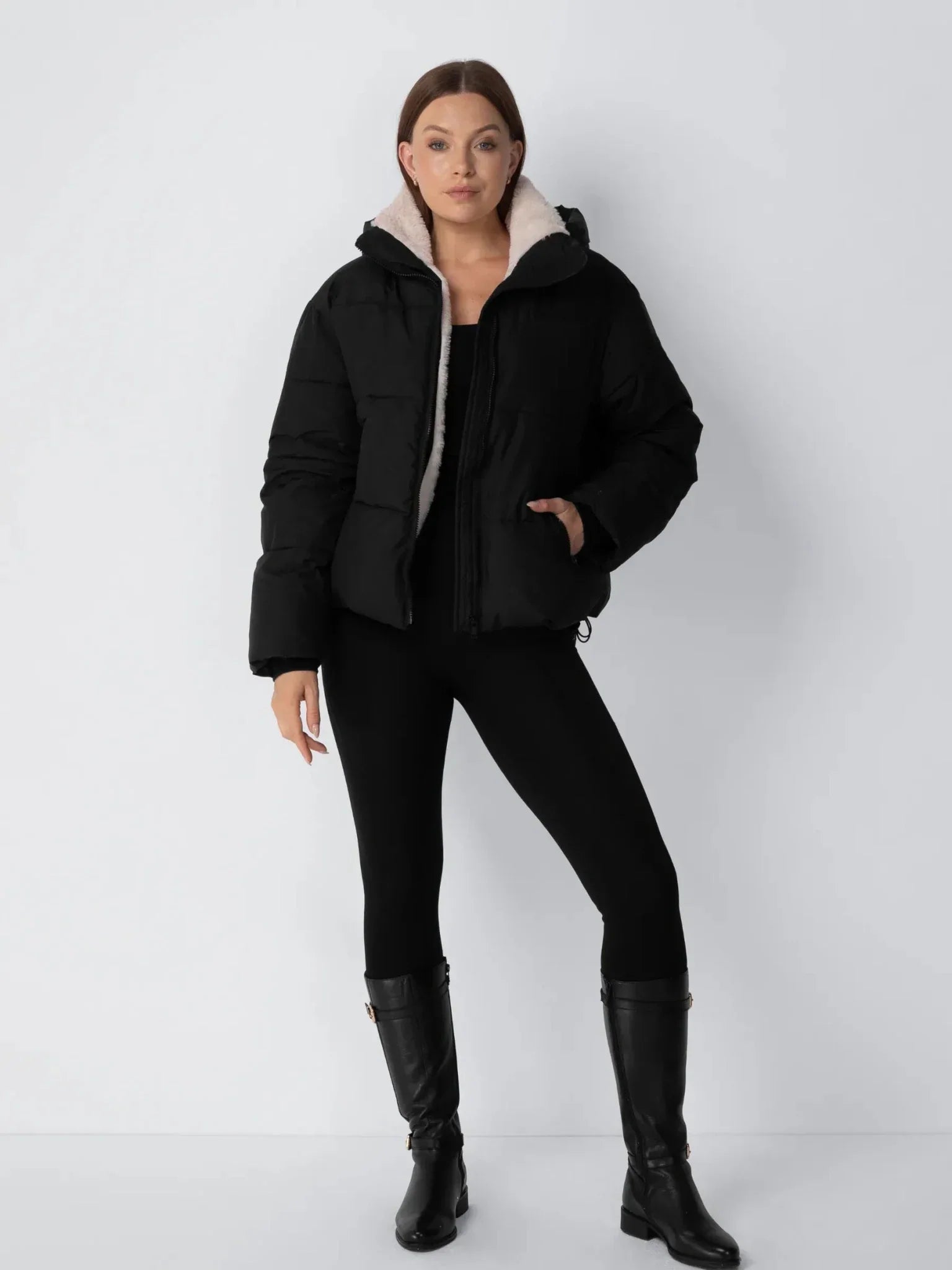 Short Puffer Jacket | Removable Hood, Synthetic Fur Lining