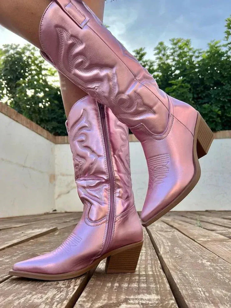 Womens cowboy boots with metallic finish and embroidery, pointed toe