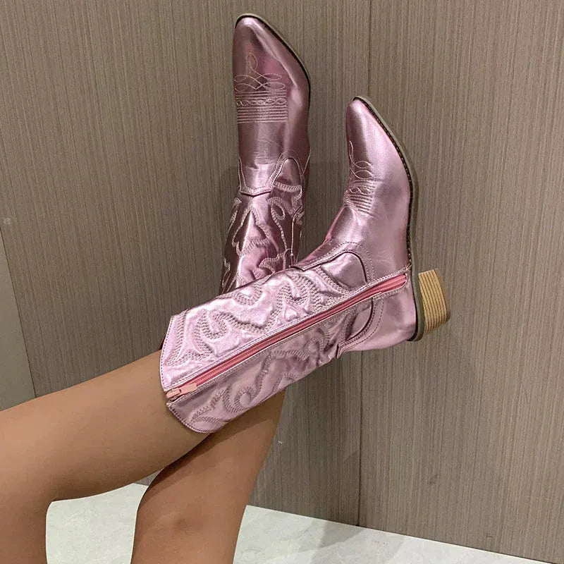 Womens cowboy boots with metallic finish and embroidery, pointed toe