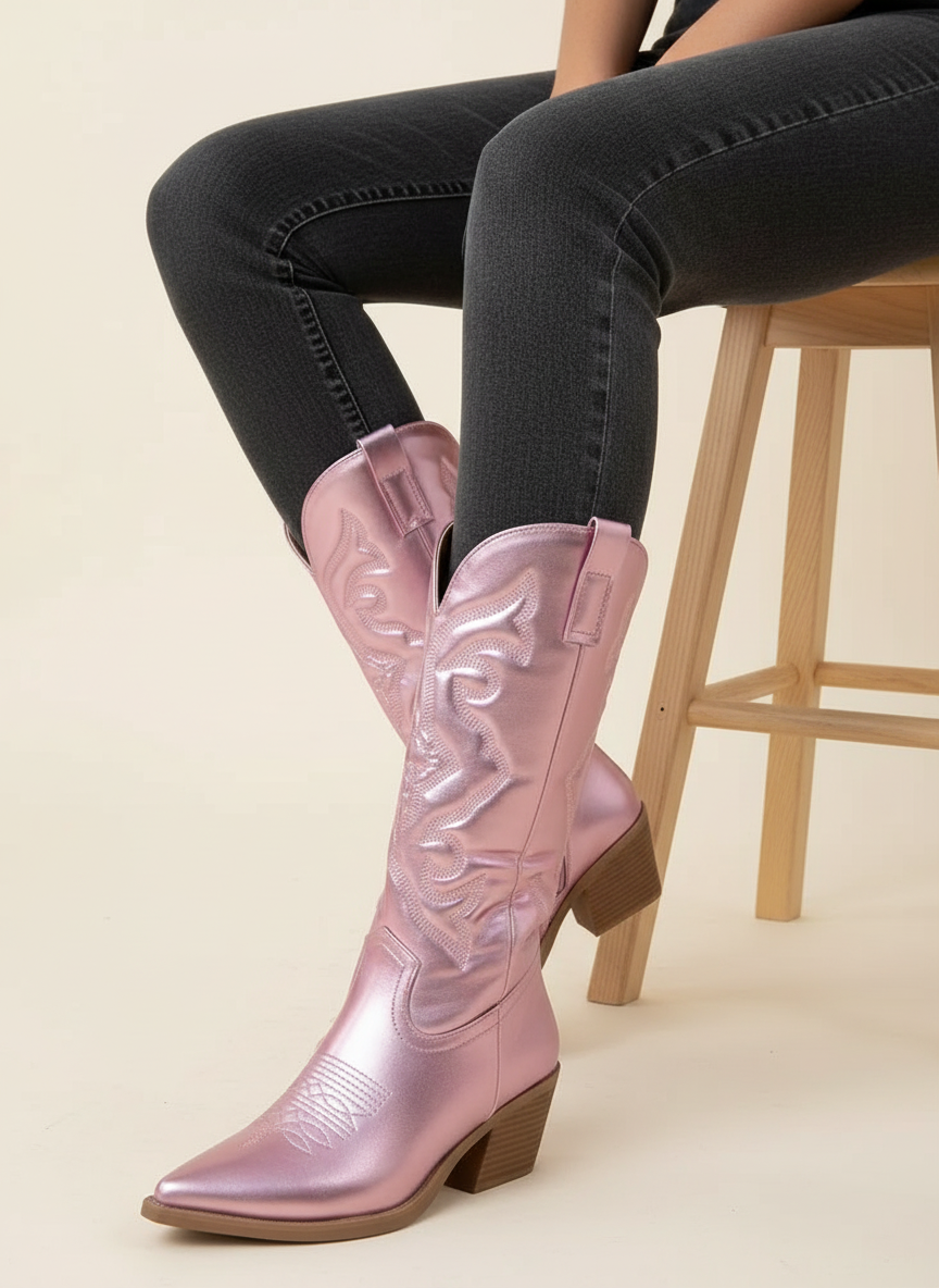 Womens cowboy boots with metallic finish and embroidery, pointed toe