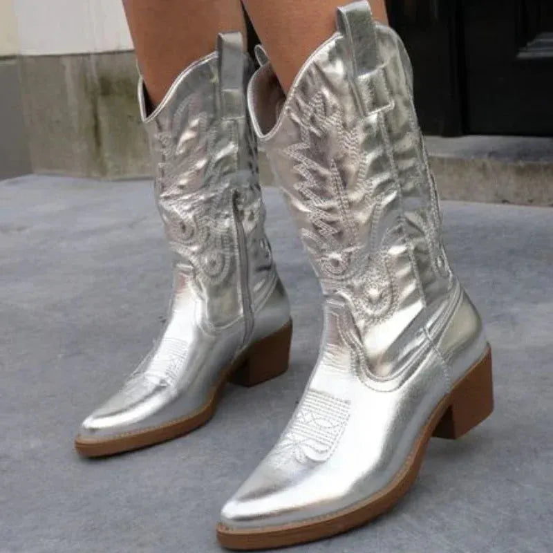 Womens cowboy boots with metallic finish and embroidery, pointed toe