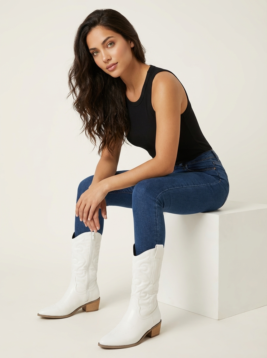 Womens cowboy boots with metallic finish and embroidery, pointed toe