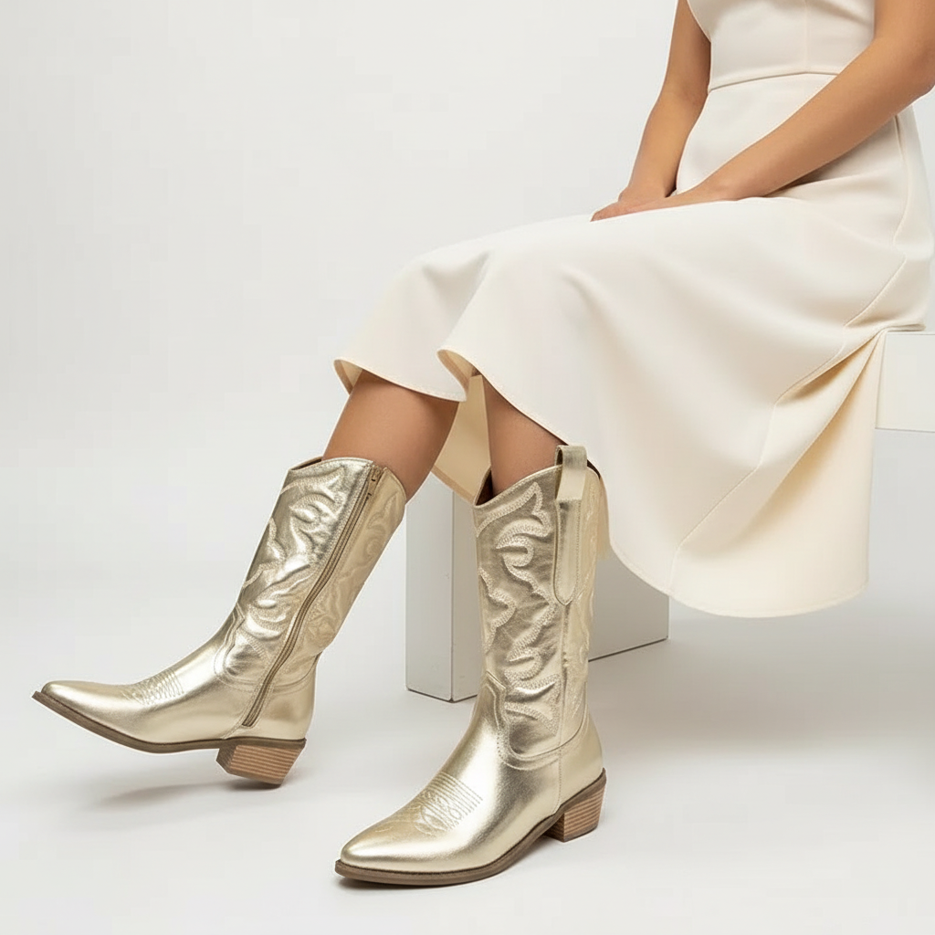 Womens cowboy boots with metallic finish and embroidery, pointed toe