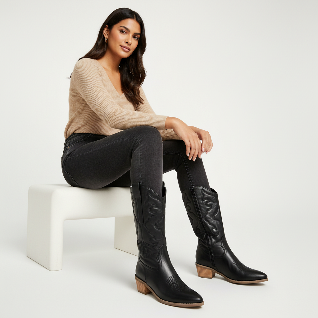 Womens cowboy boots with metallic finish and embroidery, pointed toe