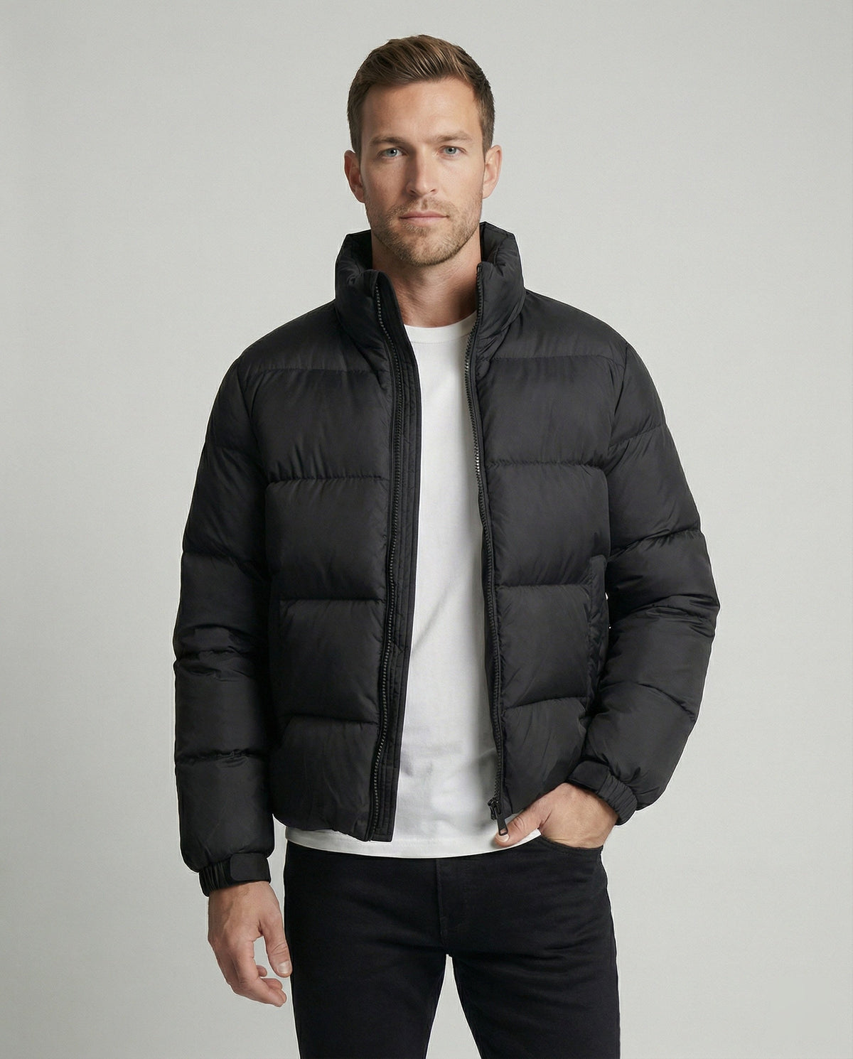 Mens puffer jacket stand collar with quilted lightweight insulated design