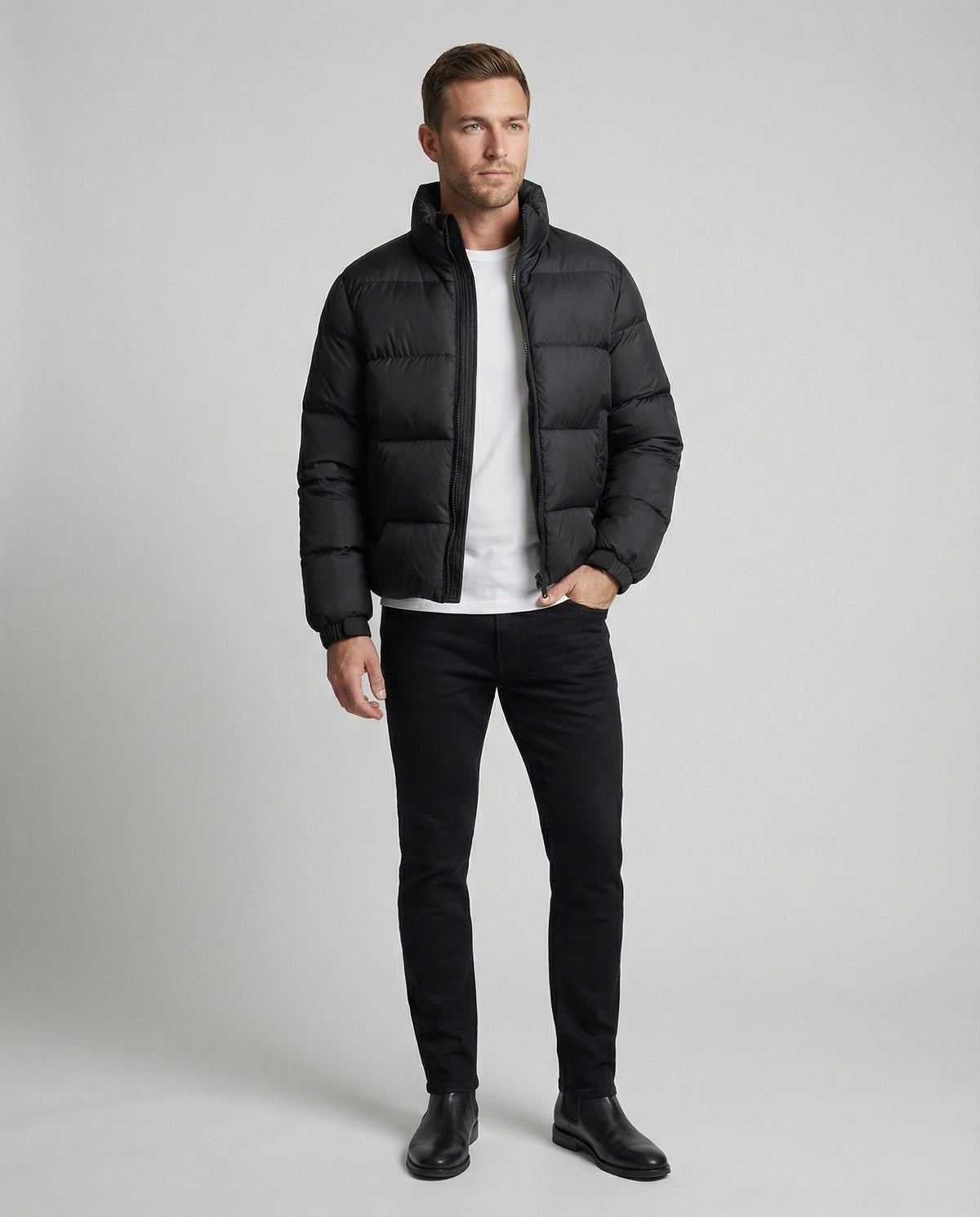 Mens puffer jacket stand collar with quilted lightweight insulated design