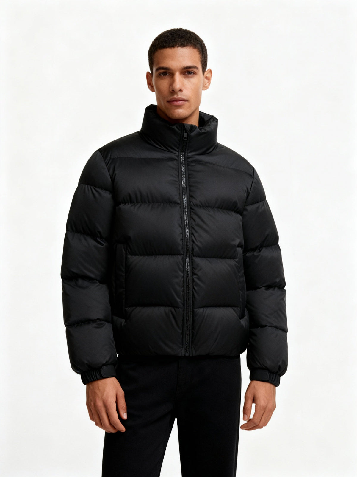 Mens puffer jacket stand collar with quilted lightweight insulated design