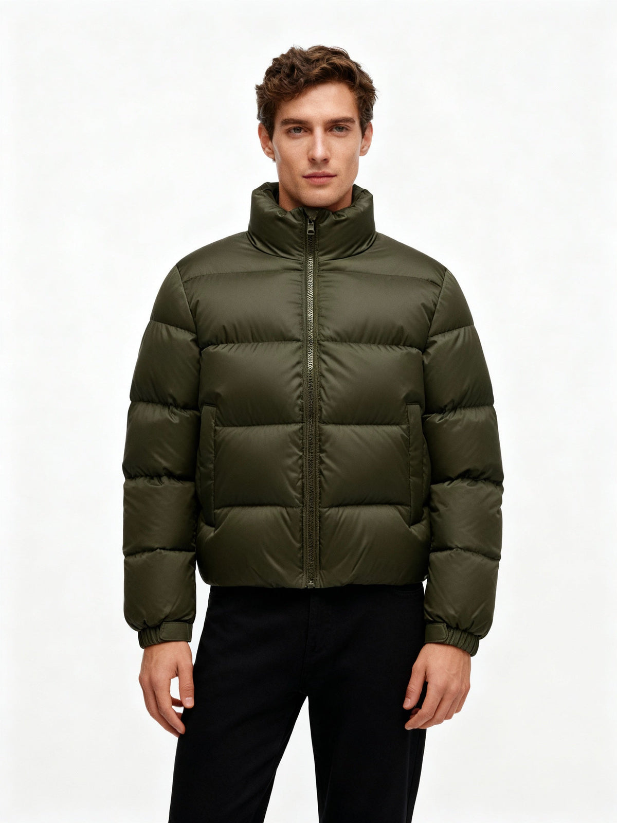 Mens puffer jacket stand collar with quilted lightweight insulated design