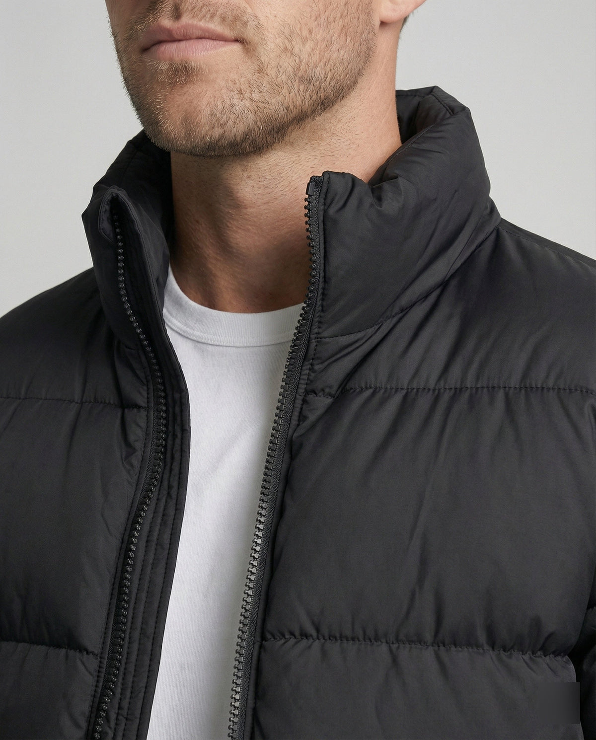 Mens puffer jacket stand collar with quilted lightweight insulated design