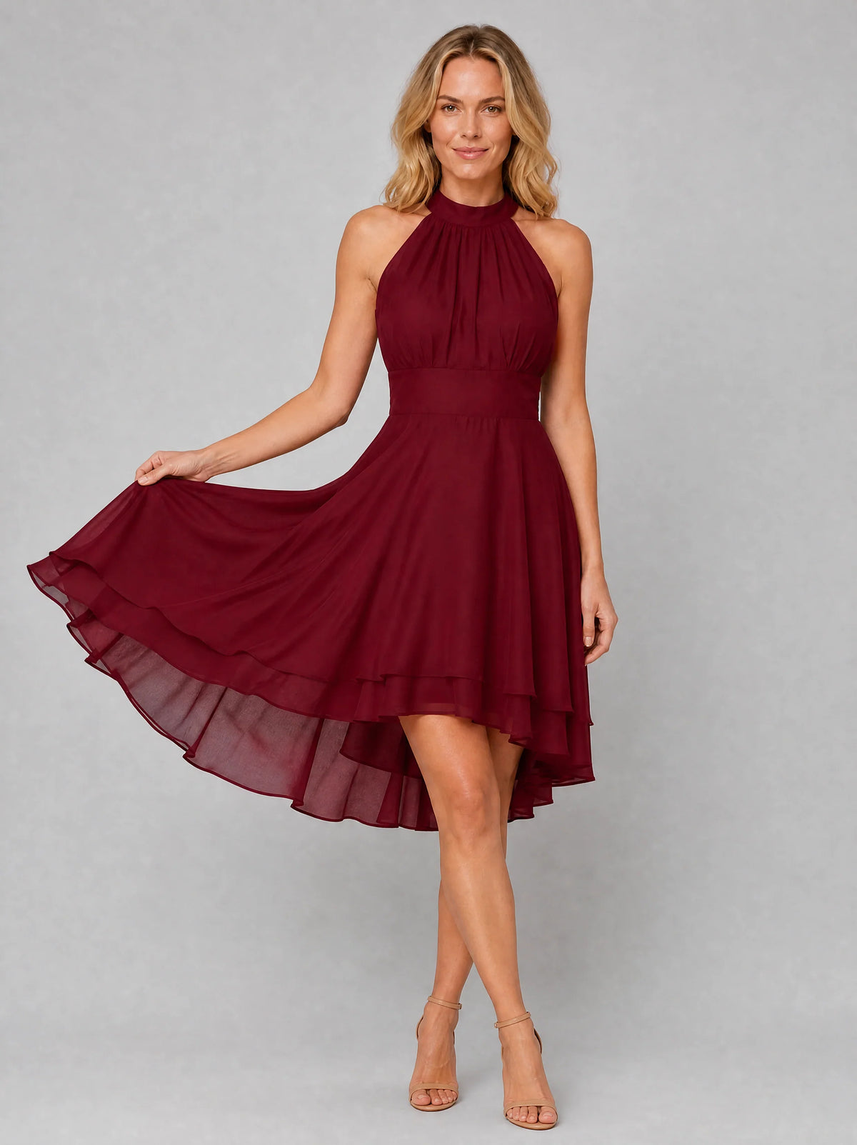 Christmas Party Dress | Women's Halter Neck Mini Dress, Layered Chiffon