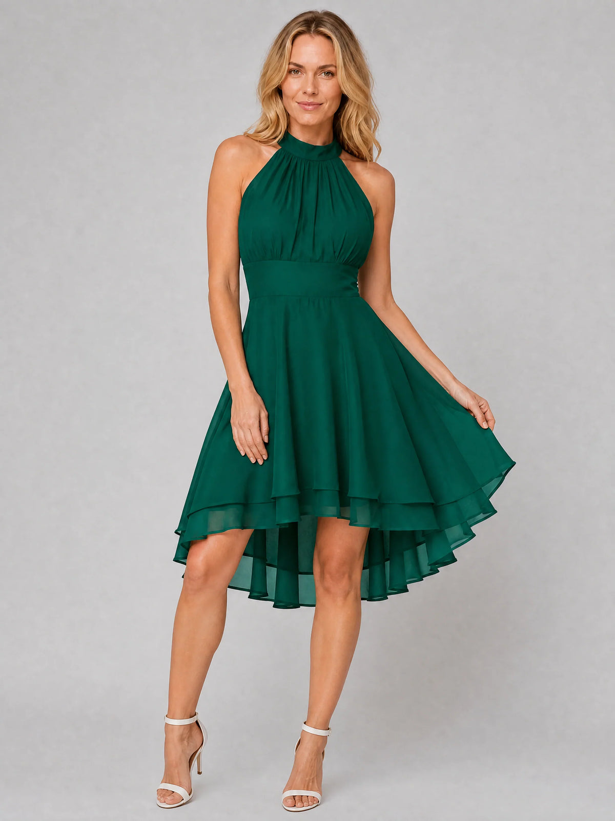 Christmas Party Dress | Women's Halter Neck Mini Dress, Layered Chiffon