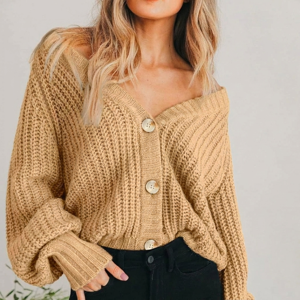 Women's Oversized Cardigan | Chunky Knit, Balloon Sleeve, V-Neck