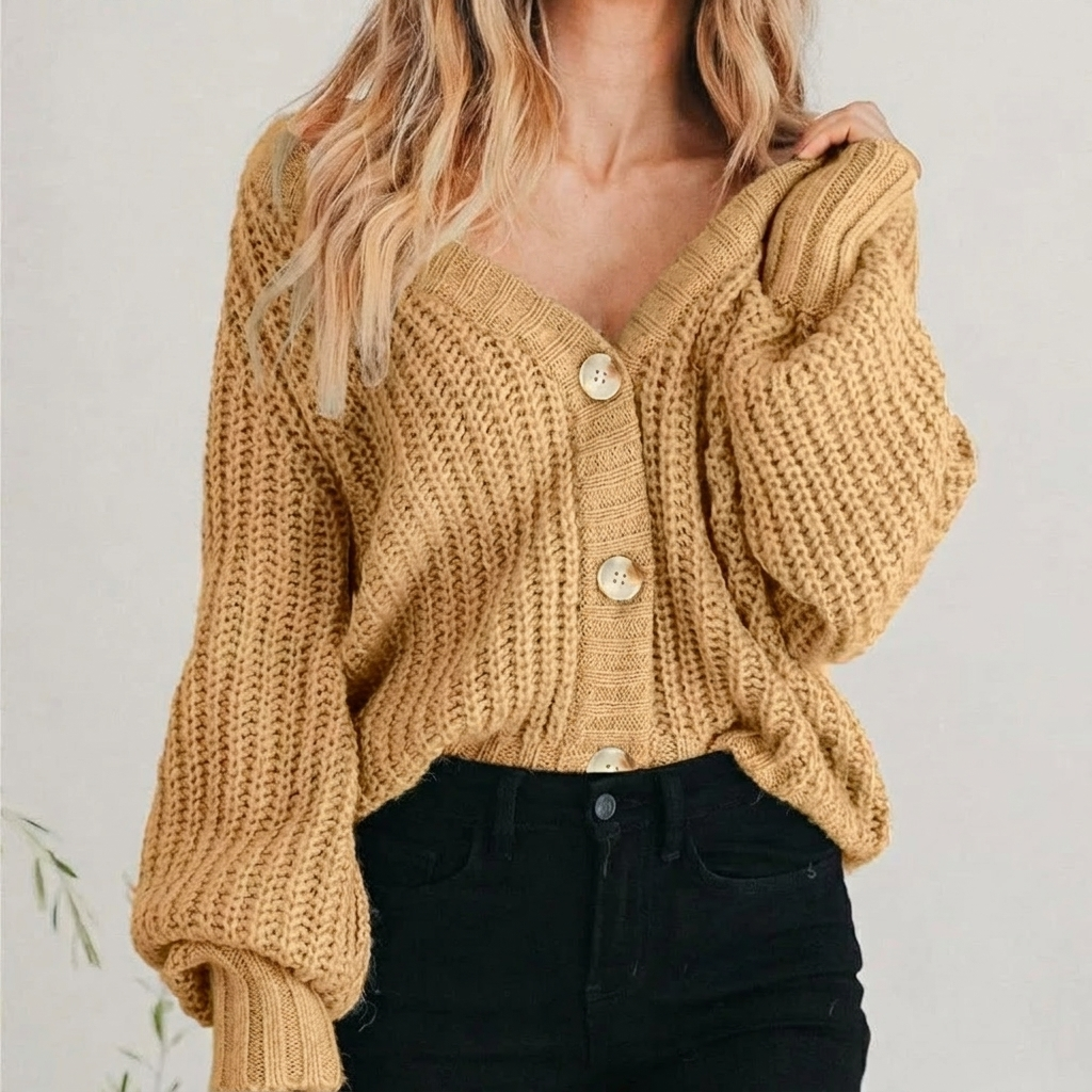 Women's Oversized Cardigan | Chunky Knit, Balloon Sleeve, V-Neck